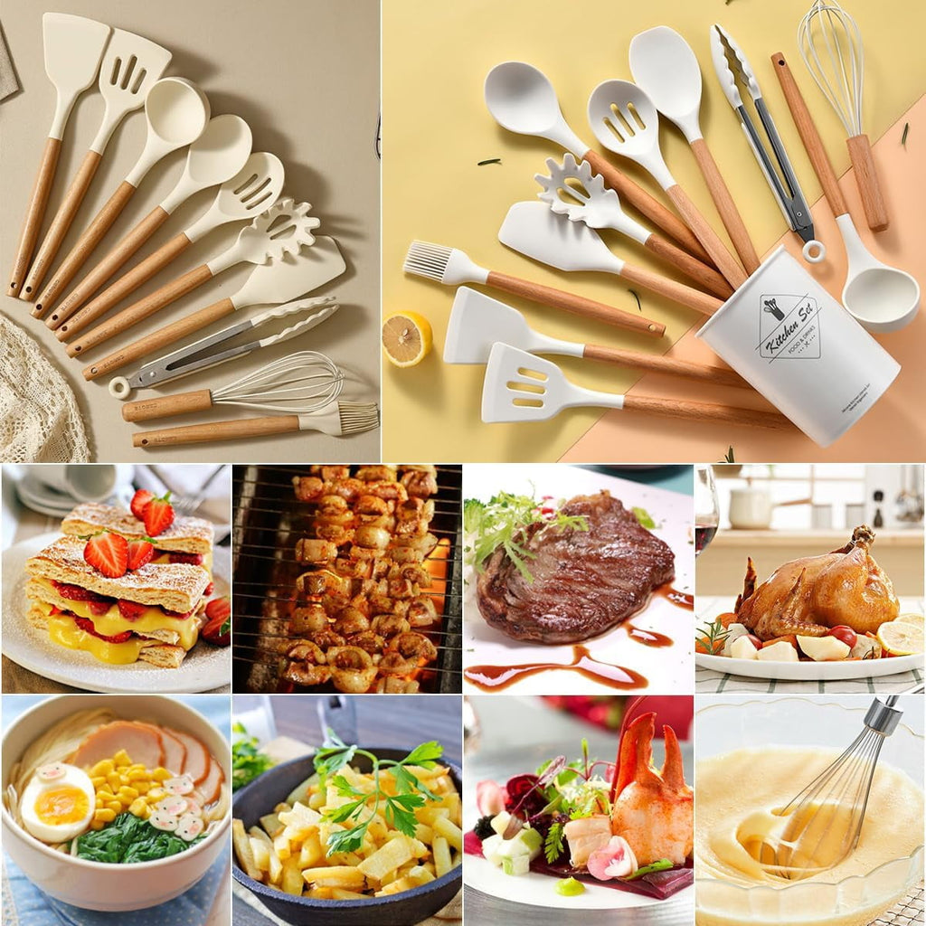 Non-Stick Safe Cooking Utensils Set, 12 packs Non-Stick Silicone Cooking Kitchen Utensils Spatula Set with Wooden Handles and... - Premium Stainless Steel Cooking Utensil for Non-Stick Pots Detail