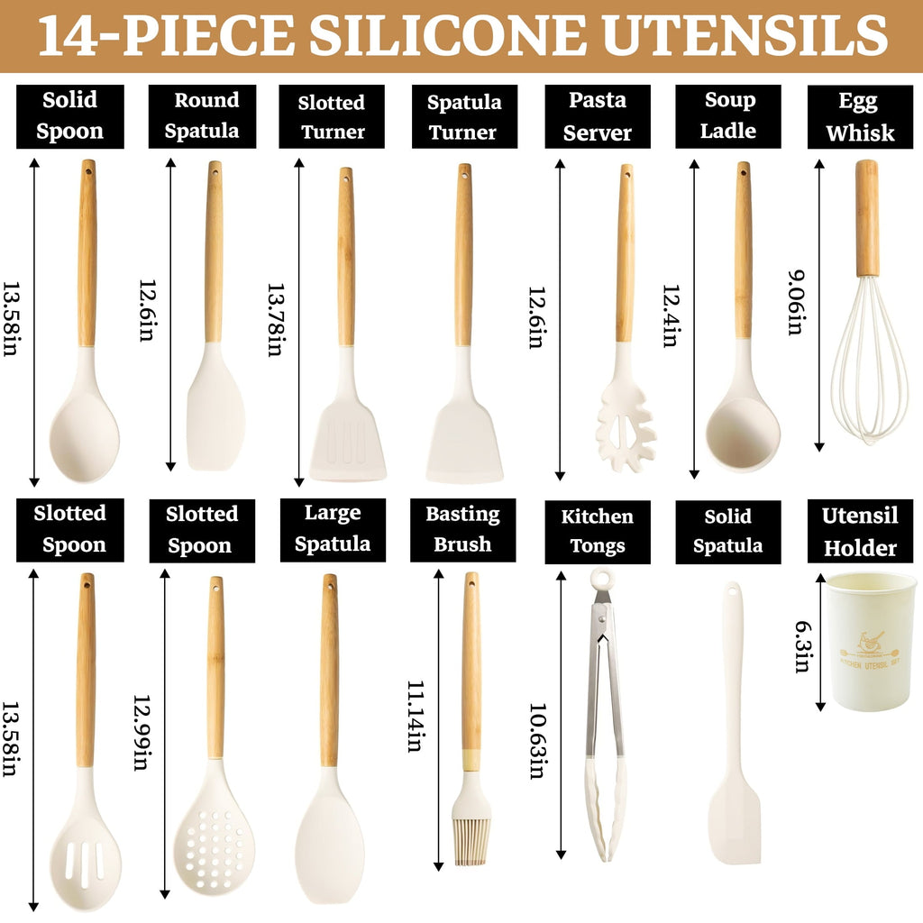 Premium Silicone 14-Piece Silicone Cooking Utensils Set, Non-Stick Kitchen Utensil Set for Baking, Flipping, Mixing, White - Ergonomic Kitchen Tongs and Cooking Spoon Utensil Detail