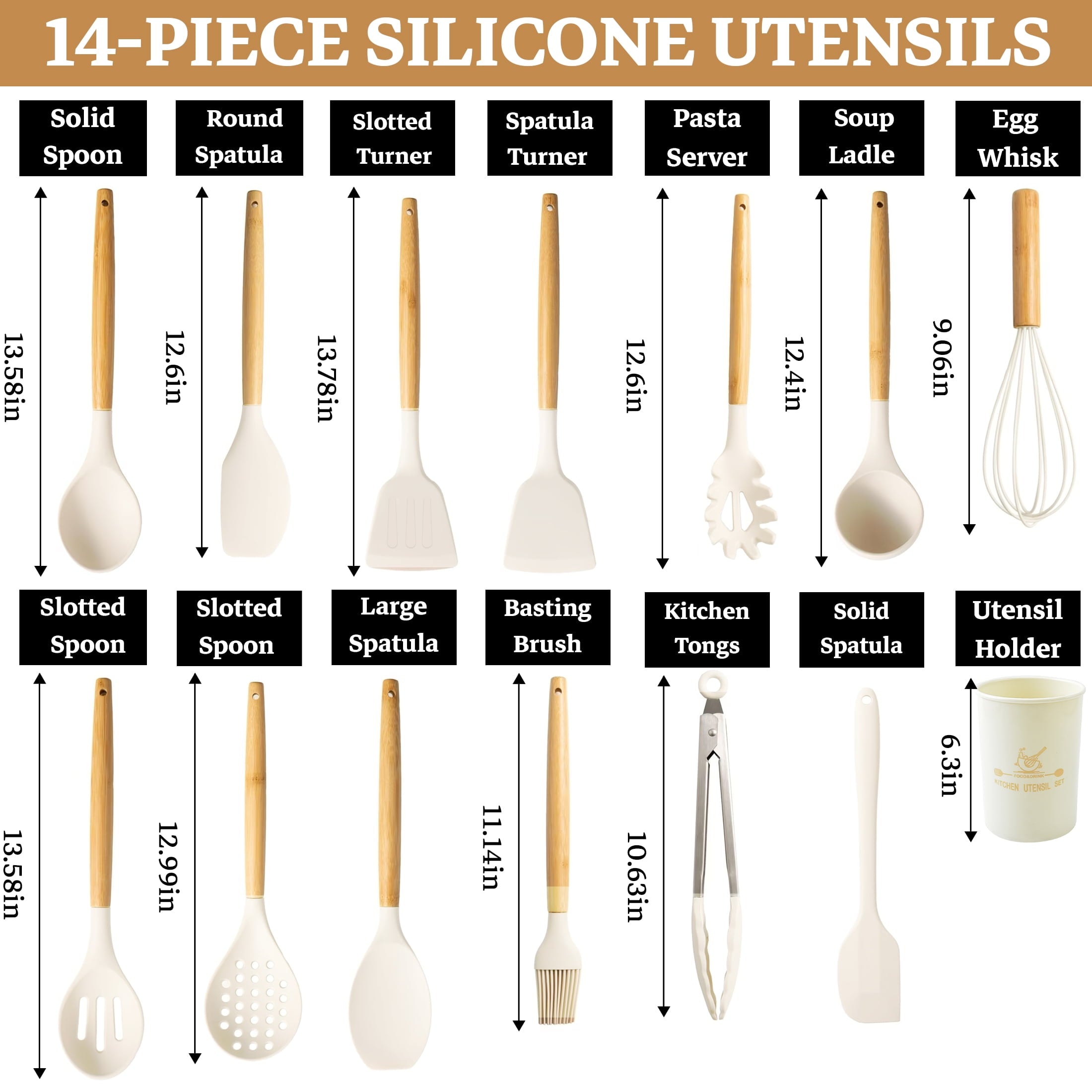 Premium Silicone 14-Piece Silicone Cooking Utensils Set, Non-Stick Kitchen Utensil Set for Baking, Flipping, Mixing, White - Ergonomic Kitchen Tongs and Cooking Spoon Utensil Detail