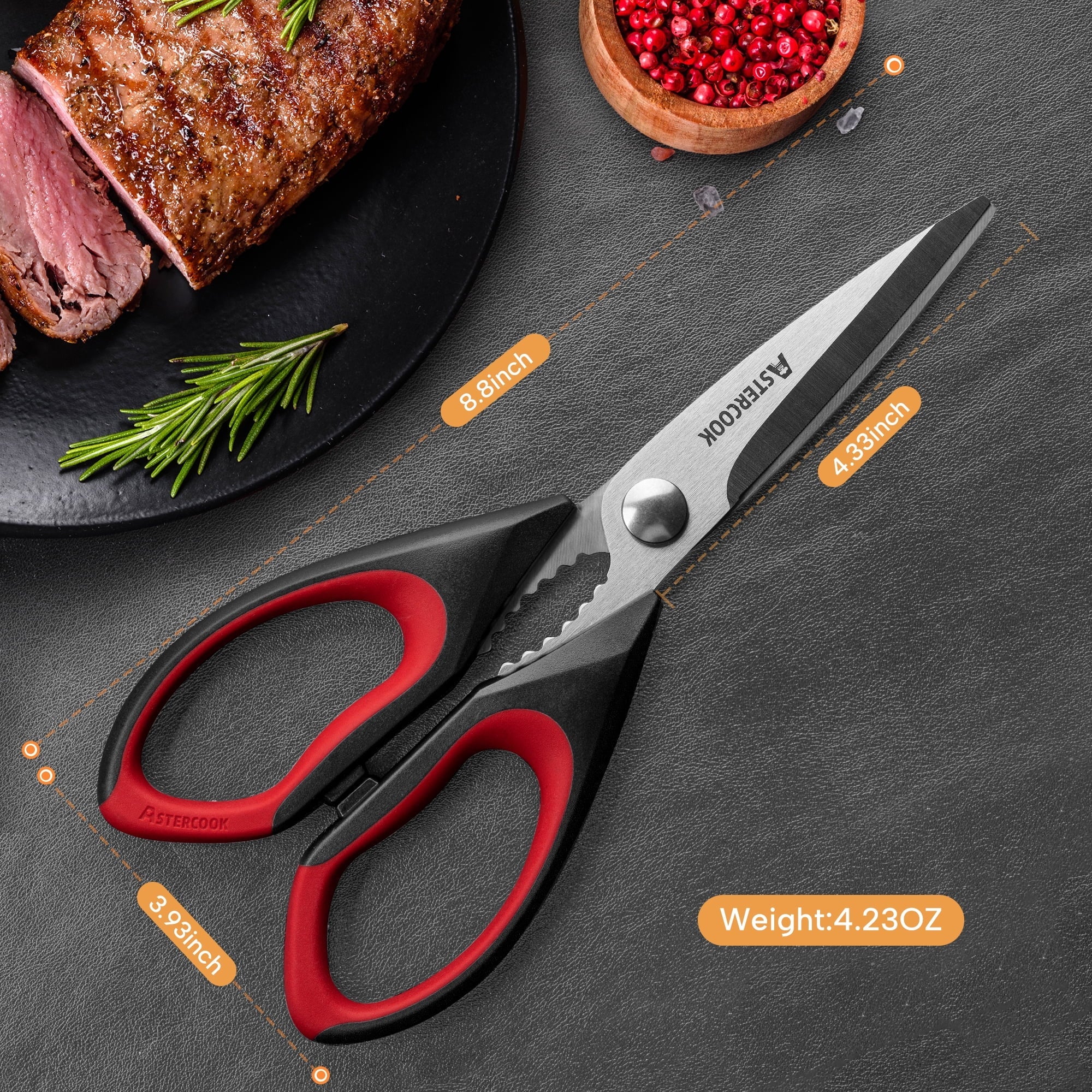 Premium Kitchen 2 Pcs Kitchen Scissors, Heavy Duty Shears with Serrated Blade, Ergonomic Handle Food Scissor for Poultry, H... - Premium Stainless Steel Garlic Presser & Peeler Detail