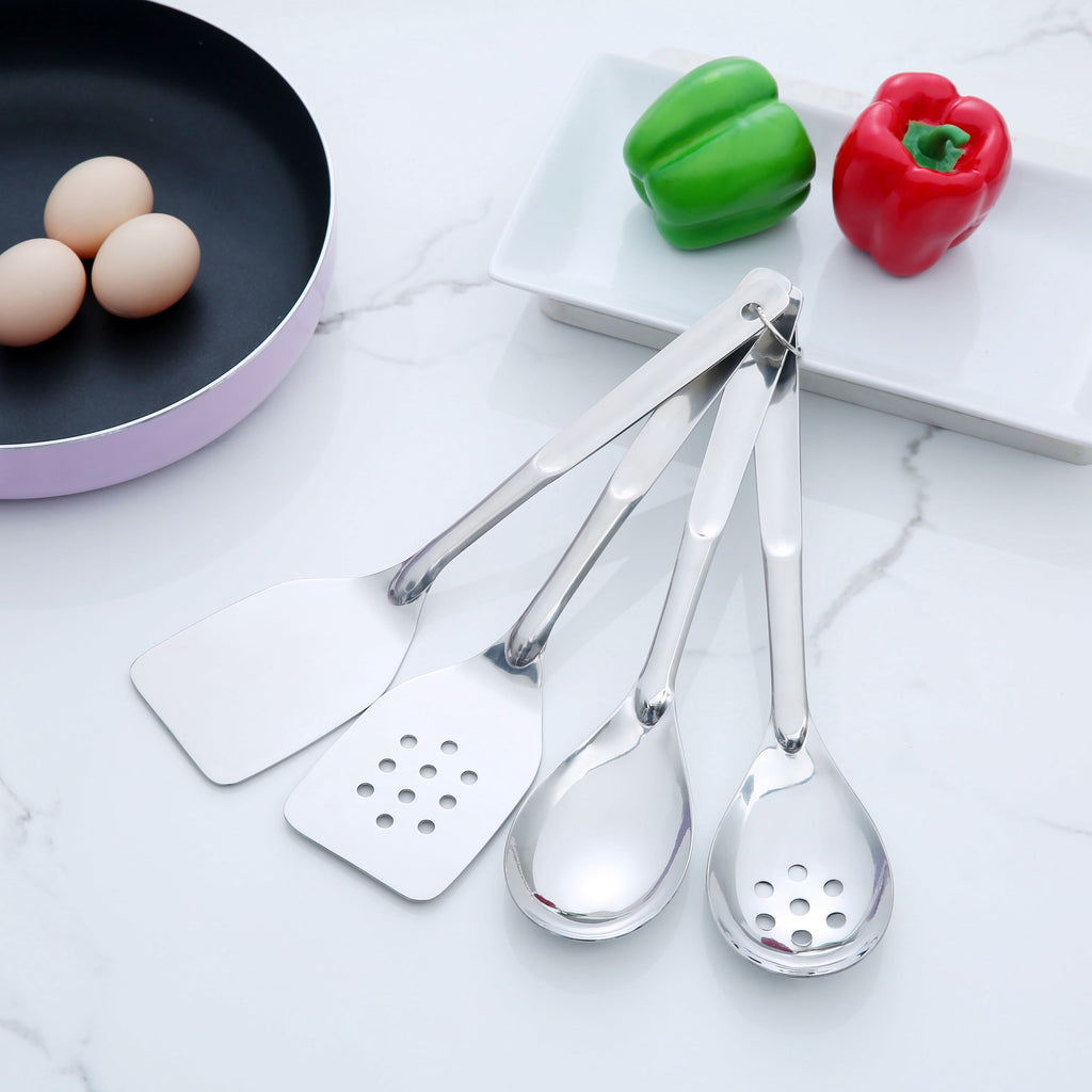 Non-Stick Safe Stainless Steel 4-Piece Utensil Set: Includes Spatula, Slotted Spatula, Spoon, and Slotted Spoon - Ergonomic Kitchen Tongs and Cooking Spoon Utensil Detail
