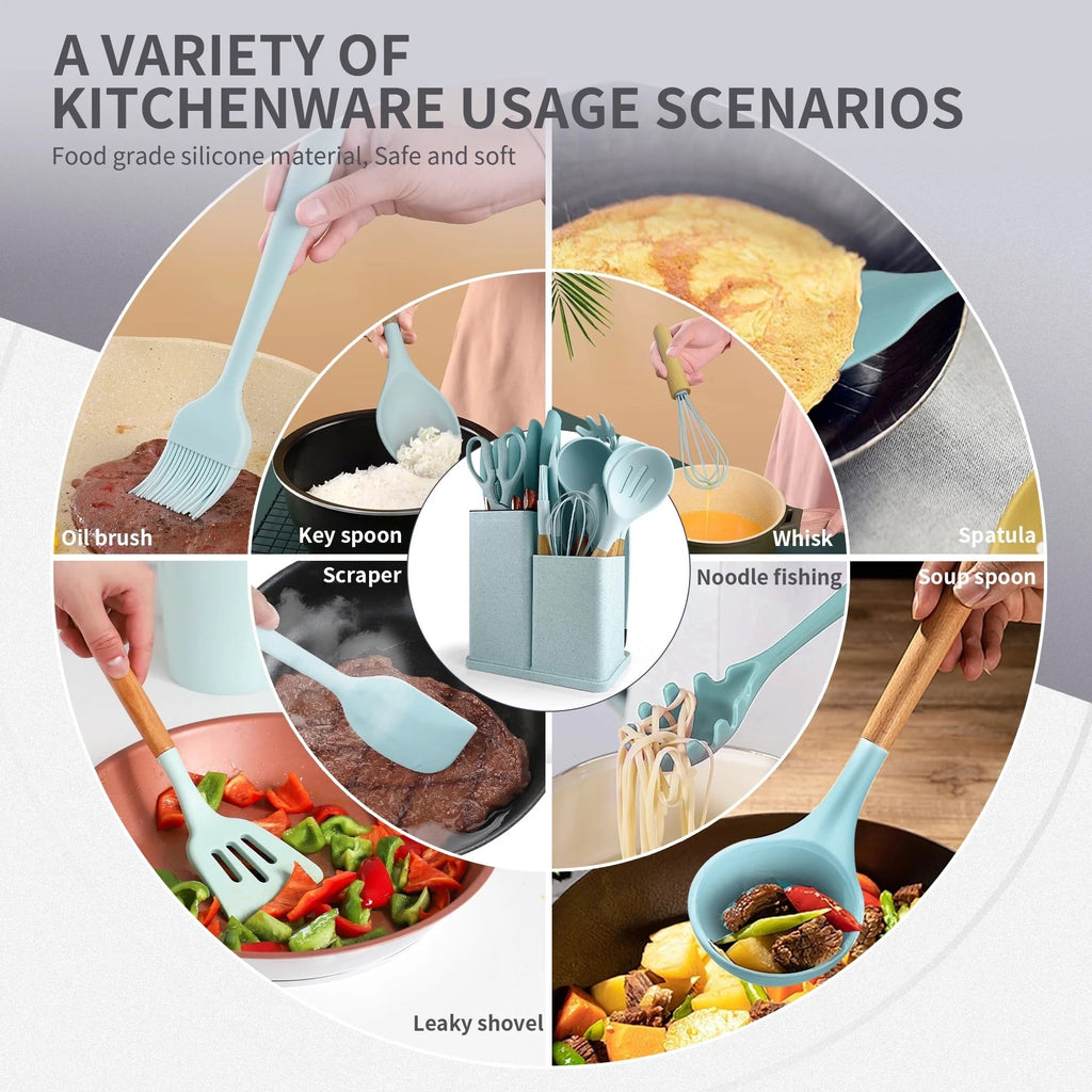 Durable Steel Silicone Kitchen Cooking Utensils Set, 19 Pieces Utensil with Holder, Heat Resistant, Green - Professional Kitchen Tool for Culinary Enthusiasts Detail