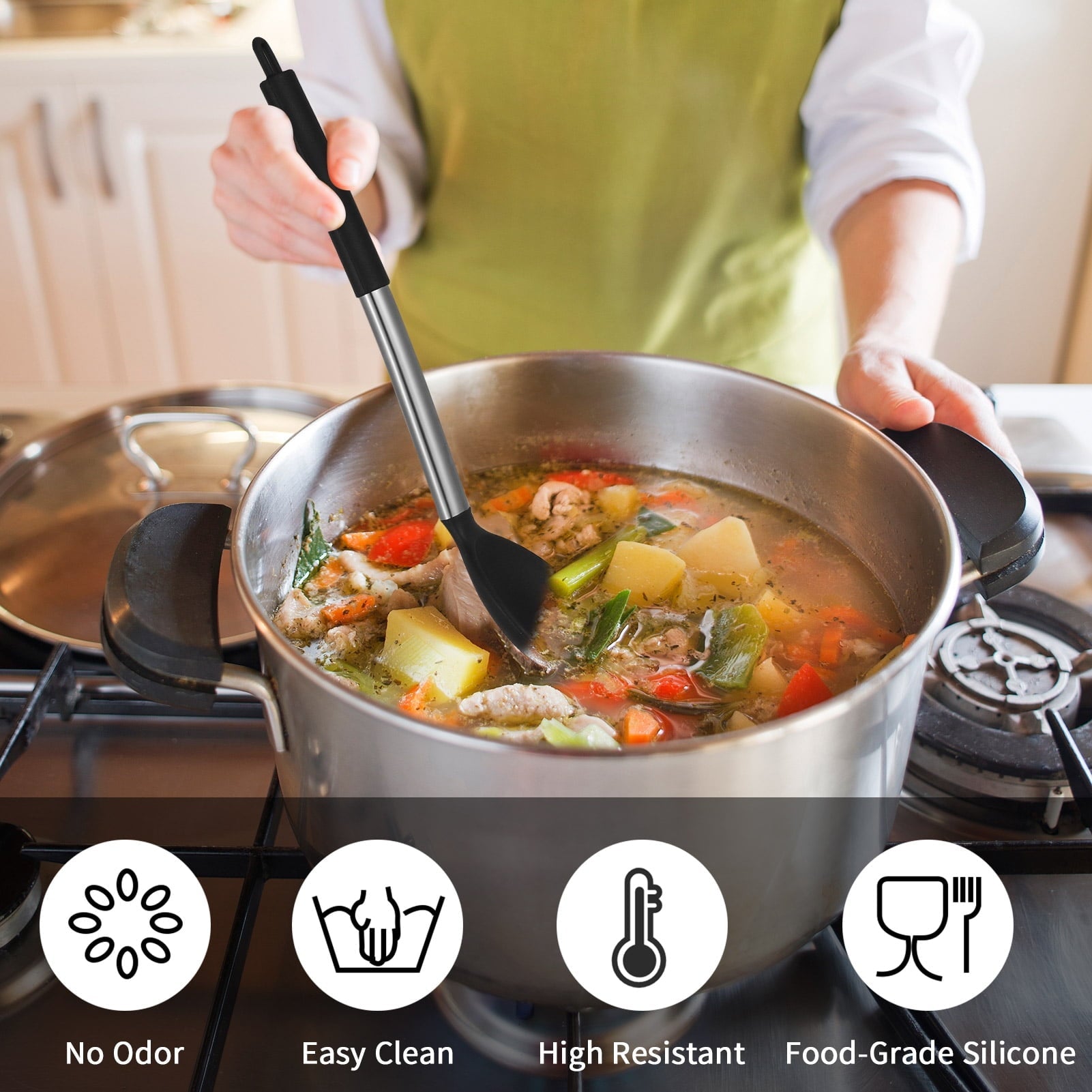 Ergonomic Cooking Silicone Cooking Spatulas and Spoons, 4 Pack Heat Resistant Silicone Cooking Utensils Set, Non-stick Large Ki... - Premium Stainless Steel Cooking Utensil for Non-Stick Pots Detail