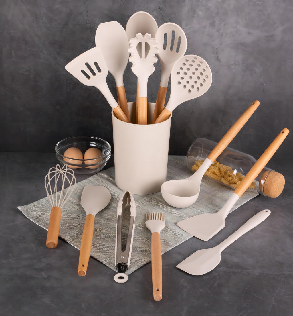 Non-Stick Safe 14pcs Cooking Utensil Set with Caddy - Heat-Resistant Silicone Cooking Spatula Turner Detail