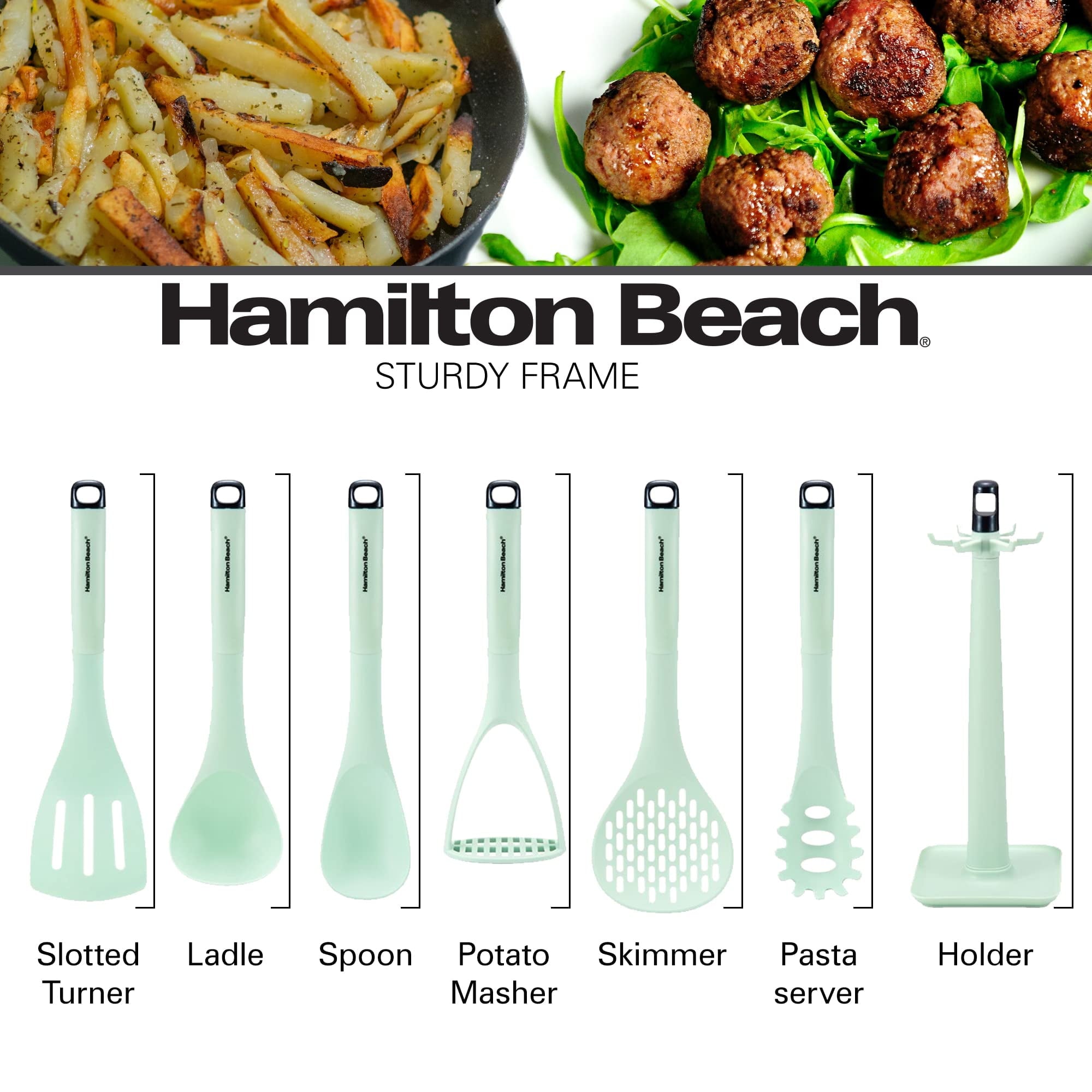 Ergonomic Cooking Kitchen Utensil Set 7 Piece | Cooking Utensil set Slotted turner, Ladle Skimmer, Pasta Server, Potato Masher, S... - Ergonomic Kitchen Tongs and Cooking Spoon Utensil Detail