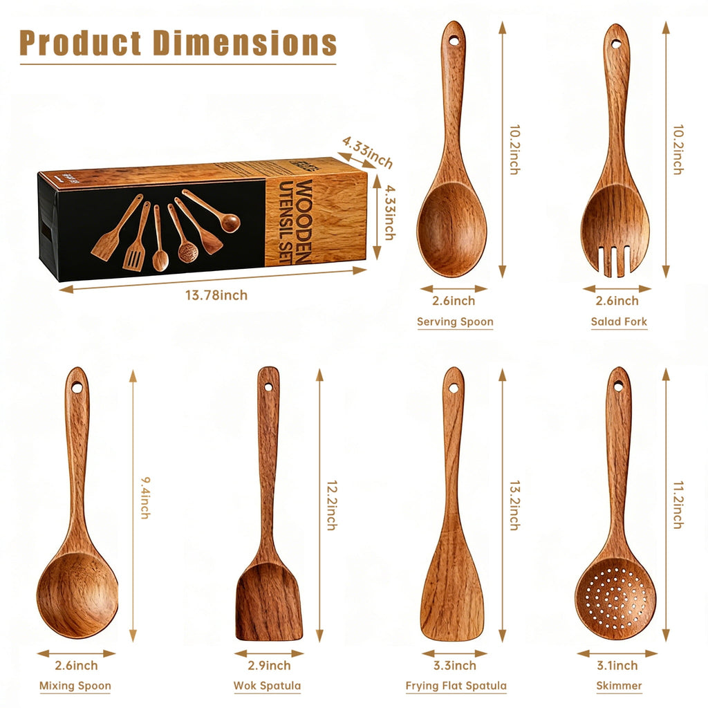 Ergonomic Cooking Wooden Spoons for Cooking, 6 PCS Teak Wood Cooking Utensil Set, Wooden Kitchen Utensils for Nonstick Pans & Cookware,... - Premium Stainless Steel Cooking Utensil for Non-Stick Pots Detail