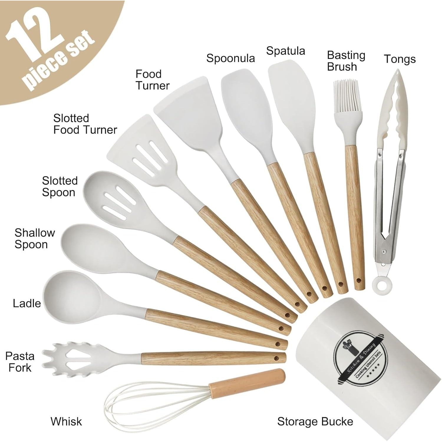 Non-Stick Safe Cooking Utensils Set, 12 packs Non-Stick Silicone Cooking Kitchen Utensils Spatula Set with Wooden Handles and... - Premium Stainless Steel Cooking Utensil for Non-Stick Pots Detail