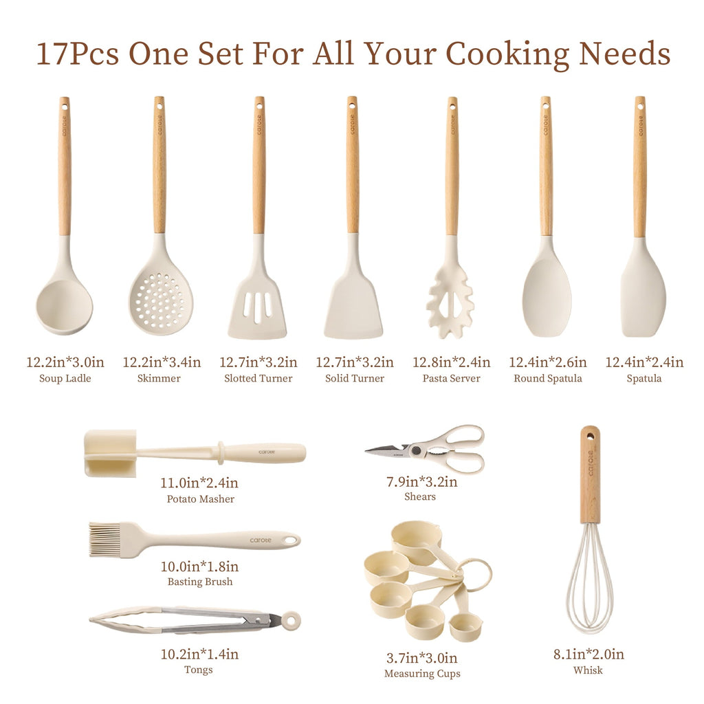 Heavy Duty 17-Piece Silicone and Wood Cooking Utensil Set, Heat-Resistant, Safe for Nonstick Cookware - Multi-Purpose Hand Tool for Daily Meal Prep Detail