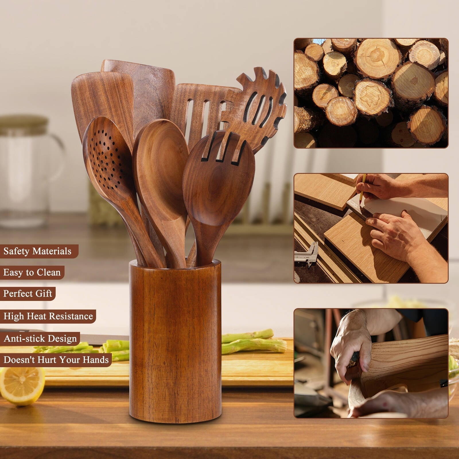 Heat-Resistant Wooden Spoons for Cooking, 8 Pcs Natural Wooden Utensil for Cooking with Non-Stick, Heat Resistant, Wood... - Durable Turner & Ladle Utensil Set for Home Chefs Detail