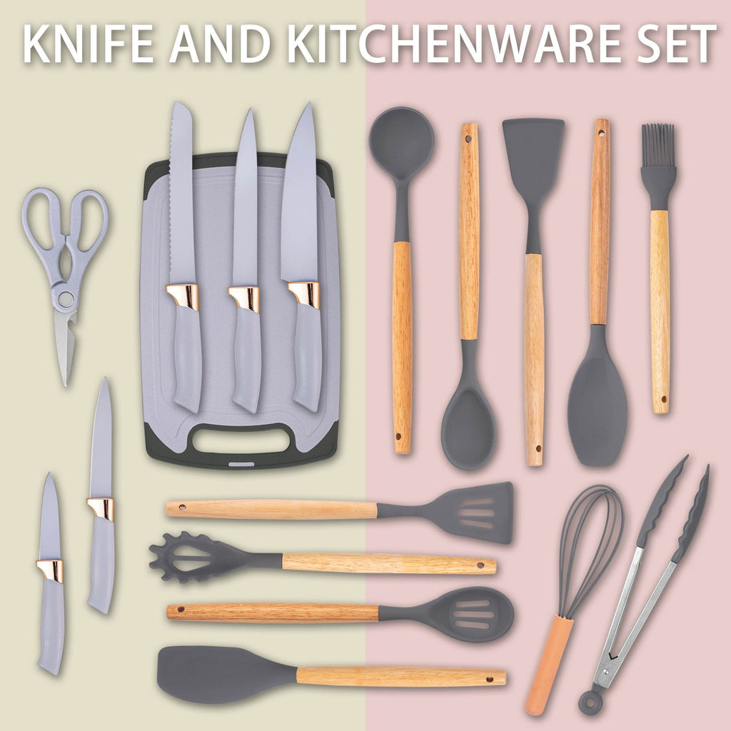 Seamless One-Piece 19-Piece Silicone Kitchen Utensil & Knife Set - Heat-Resistant Cooking Tools Non-Stick Safe Gift for Mom or Wo... - Premium Stainless Steel Cooking Utensil for Non-Stick Pots Detail