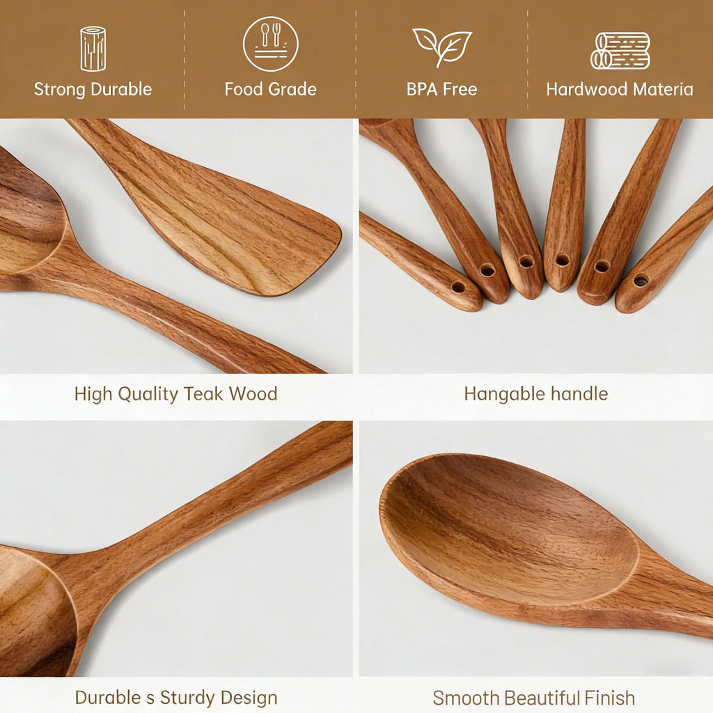Ergonomic Cooking Wooden Spoons for Cooking, 6 PCS Teak Wood Cooking Utensil Set, Wooden Kitchen Utensils for Nonstick Pans & Cookware,... - Premium Stainless Steel Cooking Utensil for Non-Stick Pots Detail