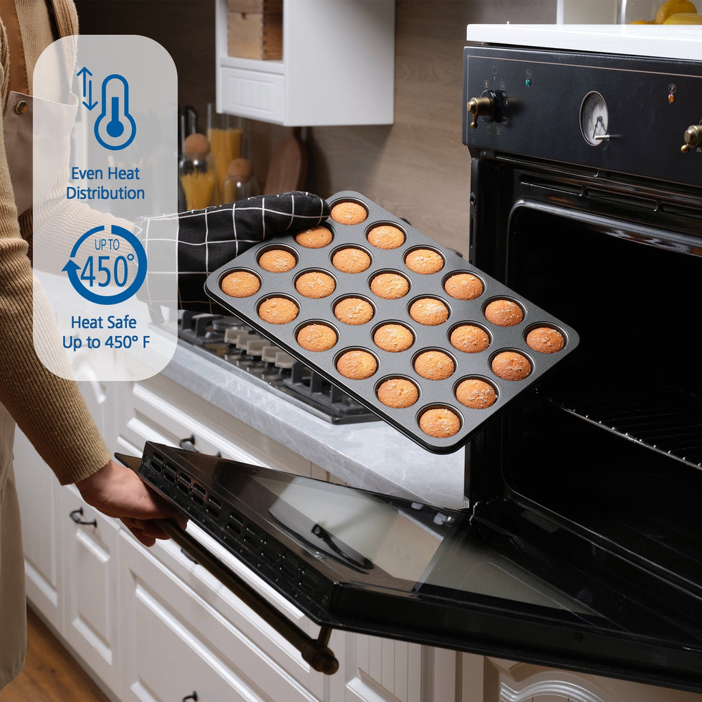 Premium Kitchen 24 Cavity Mini Muffin Pan, Non-Stick Bakeware,1.8 inch Diameter Cups,Gray,Carbon Steel - Kitchen Gadget Tool for Quick Food Prep Detail