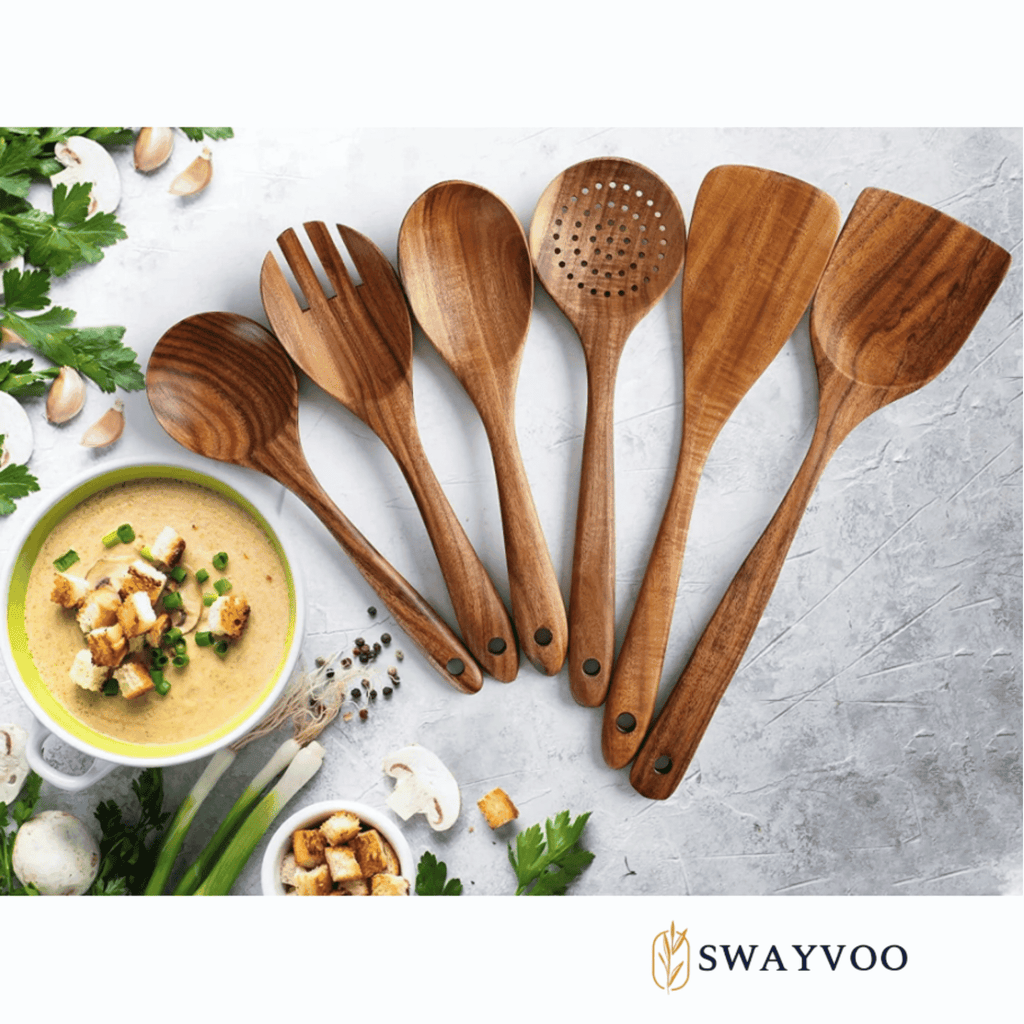 Non-Stick Safe Wooden Spoons for Cooking, 6-Piece 100% Natural Teak Wooden Utensils for Cooking — Heat Resistant, Non-Stick ... - Ergonomic Kitchen Tongs and Cooking Spoon Utensil Detail