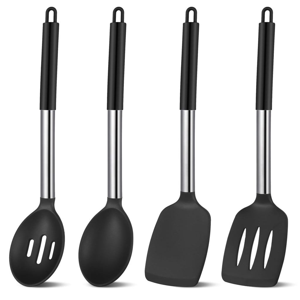 Ergonomic Cooking Silicone Cooking Spatulas and Spoons, 4 Pack Heat Resistant Silicone Cooking Utensils Set, Non-stick Large Ki... - Premium Stainless Steel Cooking Utensil for Non-Stick Pots - Default Title